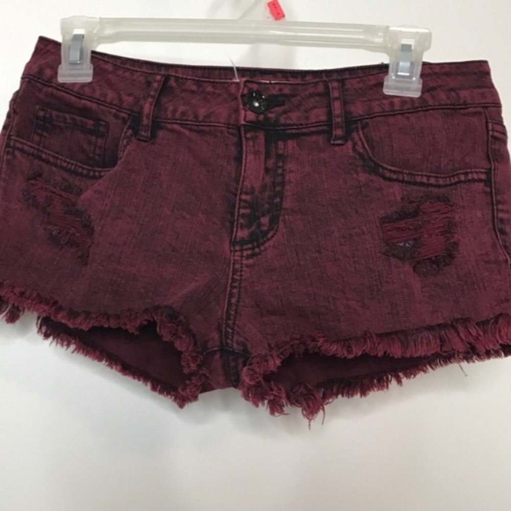 Maroon PAC Sun Bull Head Distressed Jean Shorts.